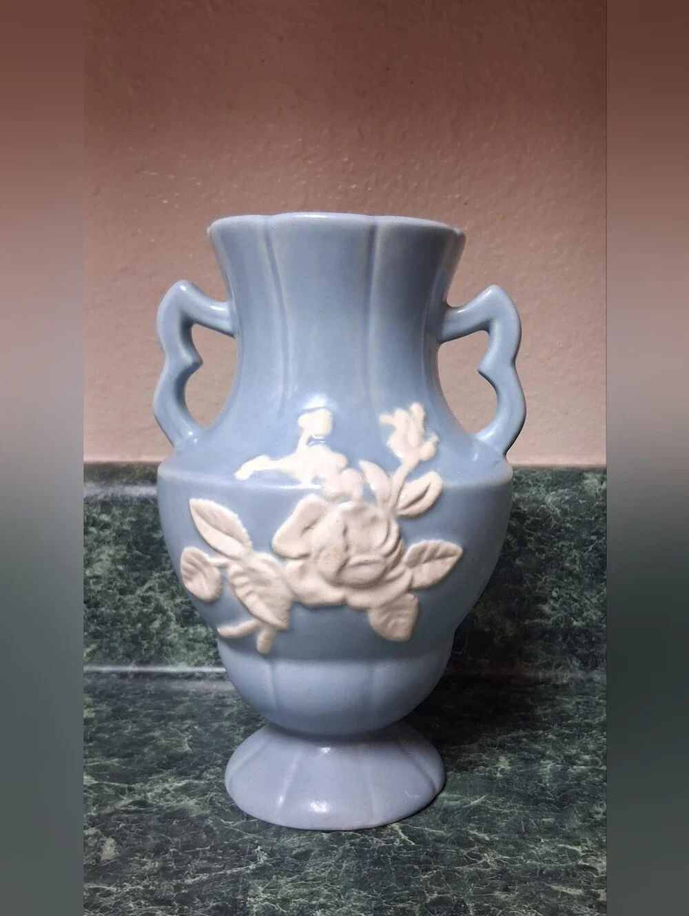 Vintage Weller Pottery Flower Vase Blue w/White Cameo Flowers 7.25